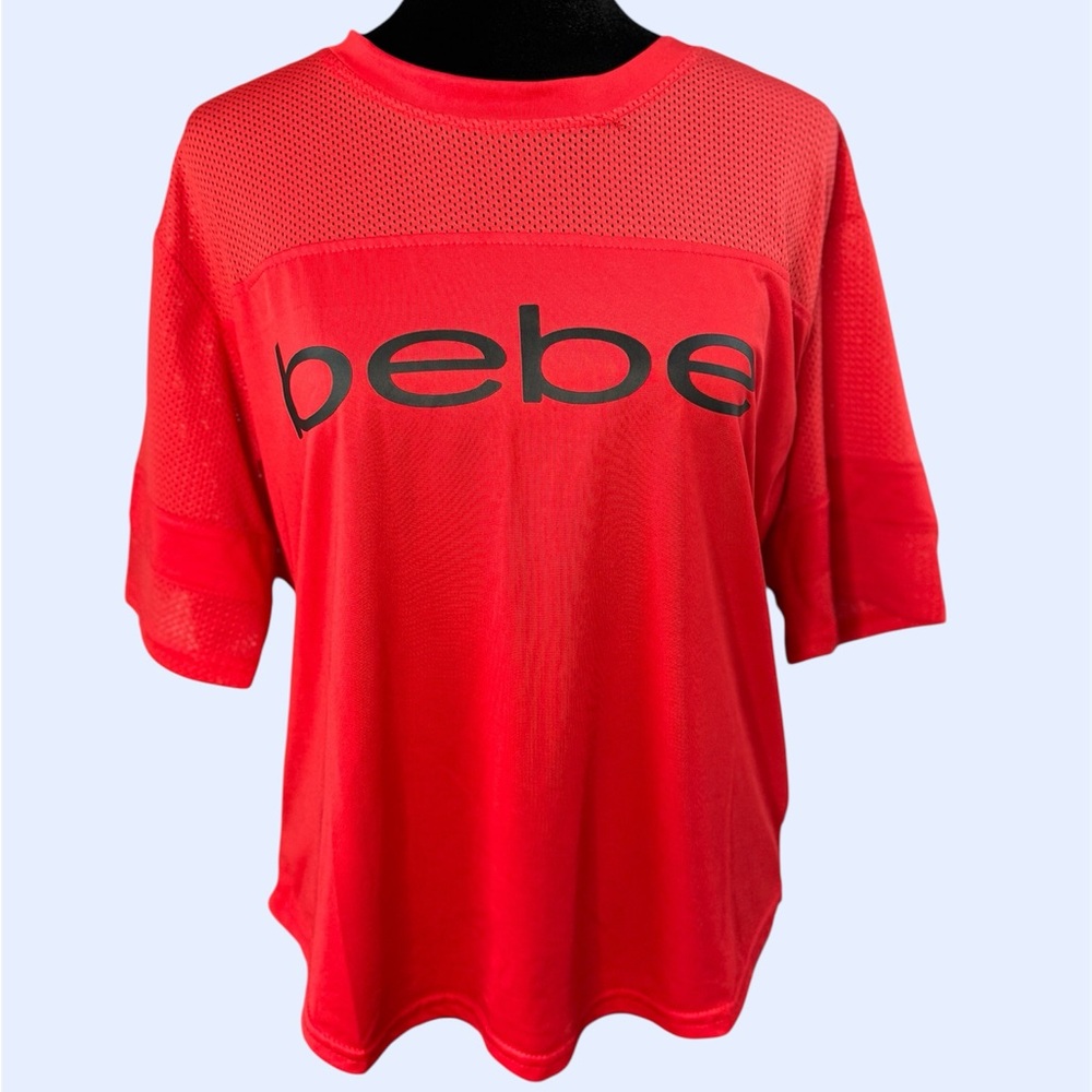 Bebe mesh logo tee red short sleeve top size S Y2K sporty clubwear - Picture 3 of 9